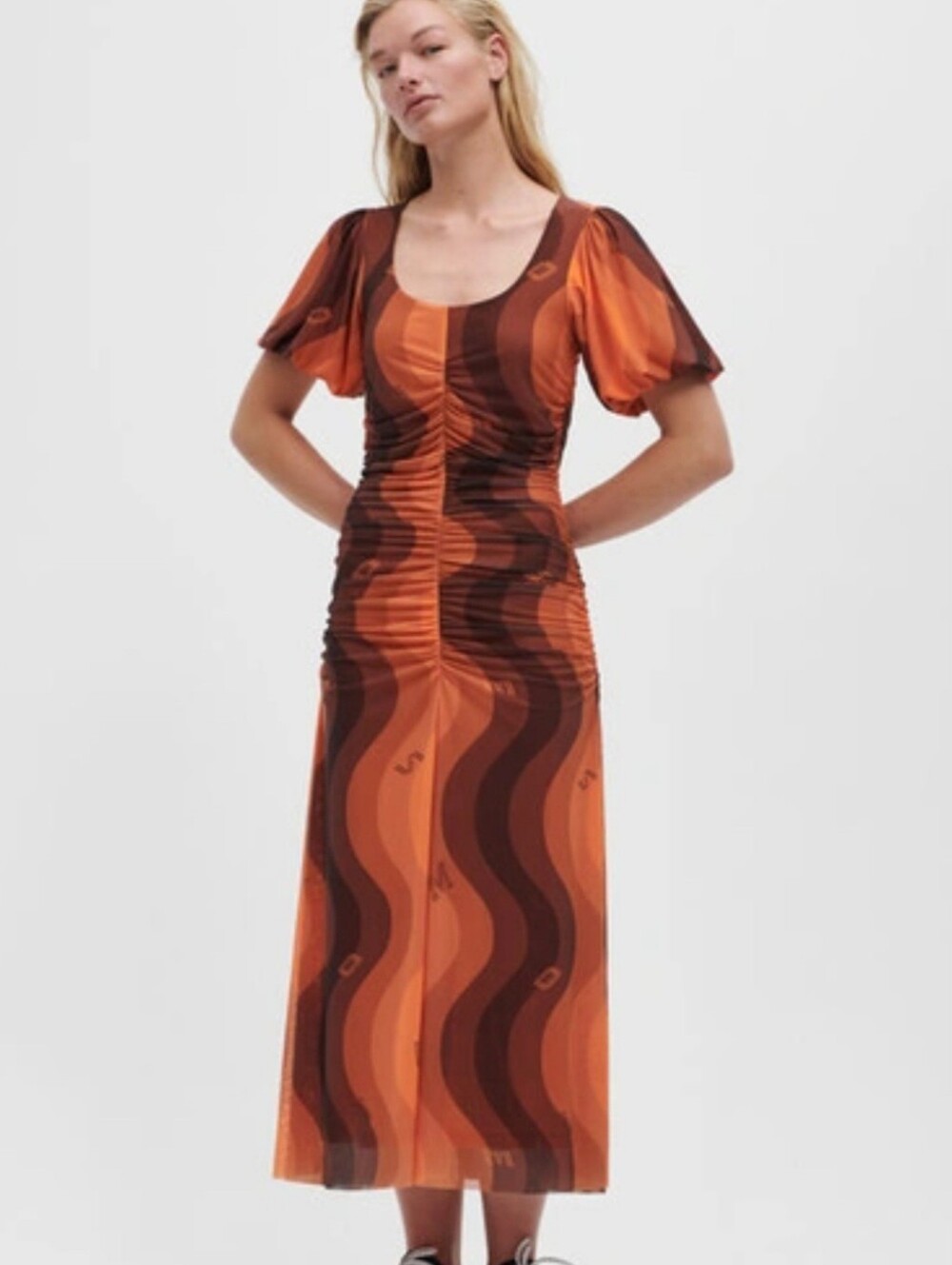 GANNI 70s Wave Print Recycled Mesh Ruched Midi Dress Orange